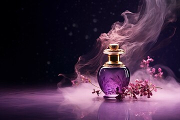 Perfume bottle spraying on dark purple background