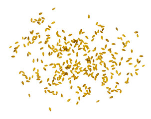 Scattered Grains of Golden Flax. Golden Flaxseeds Chaotic Spread out. No Background. Top View. Natural Plant Source of Omega-3 and Vitamins. Vegan Natural Healthy Food.  - 694982578