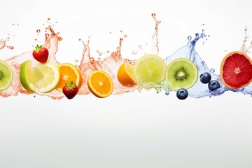 Set of fruit slices and berries falling into juice splashes in a line isolated on white background