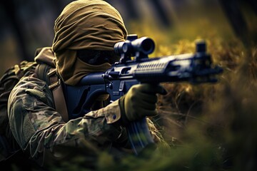 Warriors in Training Bravery Under Fire as Soldiers Take Cover During Live Fire Training, Demonstrating Courage and Preparedness Amidst Intense Battlefield Simulations. created with Generative AI