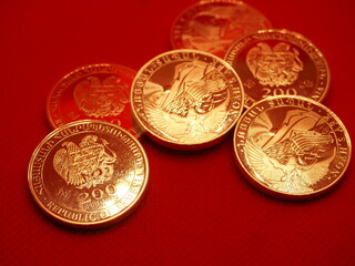Silver half-ounce bullion coin from Armenia, Noah's Ark. Shiny silver bullion coins on a red...
