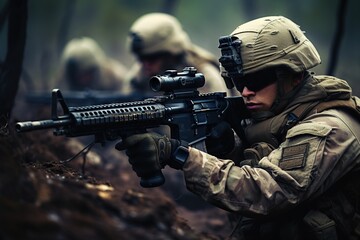 Fototapeta premium Warrior's Crucible Army Training Unleashes Intense Tactical Exercises as Soldiers Forge Skills in Strategic Maneuvers and Battlefield Preparedness. created with Generative AI