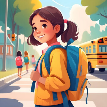 Craft an image of a cute girl with a backpack, eagerly waiting for the school bus, illustration 2d style. ai generative
