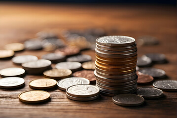 Stack of coins on a table for financial growth concept, copy space for financial background, generative AI