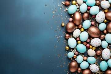 Top down view of an Easter border frame of robin's eggs and chocolate eggs with copy space in the middle: