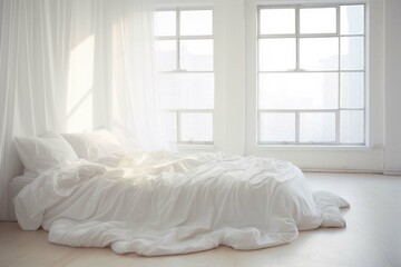 White room décor aesthetic minimalist, with a tidy bed,with Plata, natural light - obrazy, fototapety, plakaty