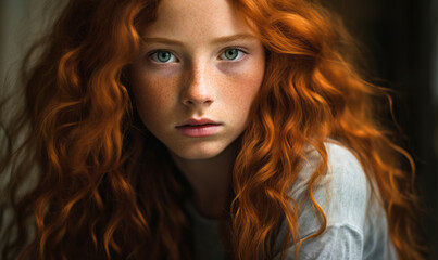 Captivating portrait of a young girl with vibrant red curly hair and delicate freckles, her green eyes gazing with an ethereal intensity - obrazy, fototapety, plakaty