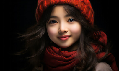 Portrait of a youthful Asian girl with a serene smile, adorned in a vibrant red beret and scarf, radiating warmth and innocence against a dark backdrop