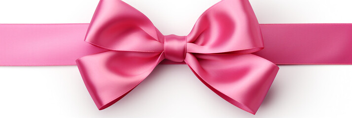 Bright pink ribbon with bow knot closeup, isolated on white background created with Generative Ai