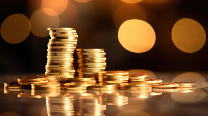 Multiple stacks of shiny gold coins on a surface with a warm, glowing bokeh light effect in the background.