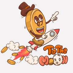 to the moon concept. money with face macot cartoon character ride space rocket vector illustration