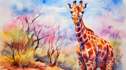 Watercolor painting of a giraffe in the wild with dynamic strong brush strokes, vibrant colors, and abstract colors, illustration