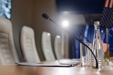 Close-up of places of business people for interview during military conference