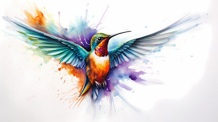 Watercolor painting of a hummingbird in the wild with dynamic strong brush strokes, vibrant colors, and abstract colors, illustration