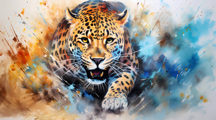 Watercolor painting of a leopard in the wild with dynamic strong brush strokes, vibrant colors, and abstract colors, illustration