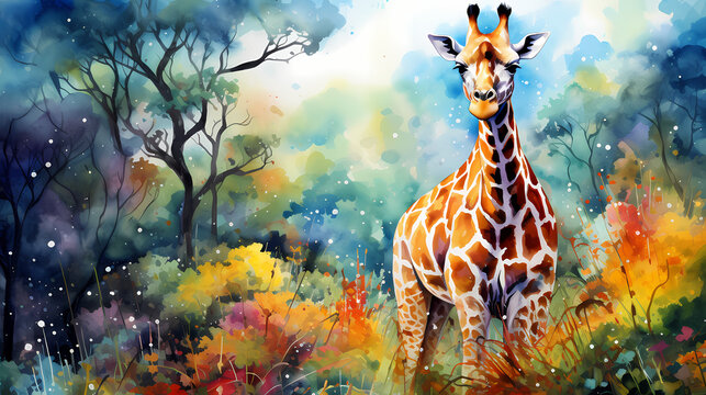 Watercolor painting of a giraffe in the wild with dynamic strong brush strokes, vibrant colors, and abstract colors, illustration