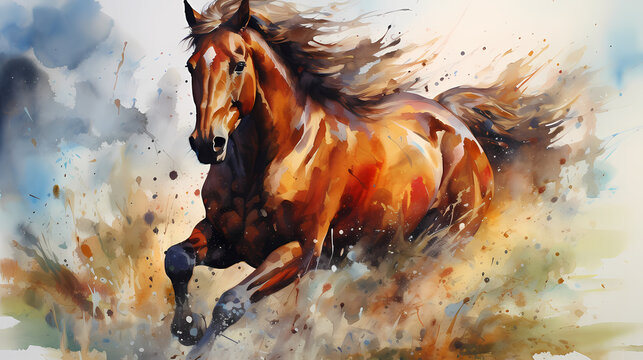 Watercolor painting of a horse on a farm with dynamic strong brush strokes, vibrant colors, and abstract colors, illustration
