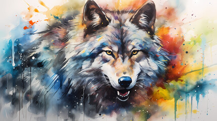 Watercolor painting of a wolf in the wild with dynamic strong brush strokes, vibrant colors, and abstract colors, illustration