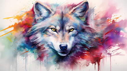 Watercolor painting of a wolf in the wild with dynamic strong brush strokes, vibrant colors, and abstract colors, illustration