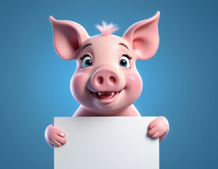 A pink cute piglet with a sign is standing