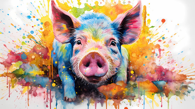 Watercolor painting of a pig on a farm with dynamic strong brush strokes, vibrant colors, and abstract colors, illustration