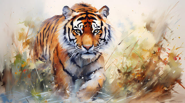 Watercolor painting of a tiger in the wild with dynamic strong brush strokes, vibrant colors, and abstract colors, illustration