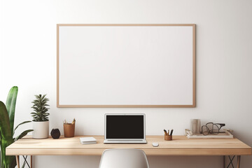 Empty vertical frame in modern luxury home office setting with laptop, office supplies, and table lamp