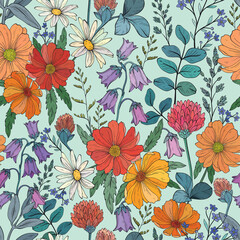 Seamless pattern with different wild herbs