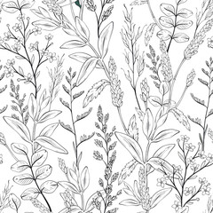 Seamless black and white pattern with wild herbs - 694985302