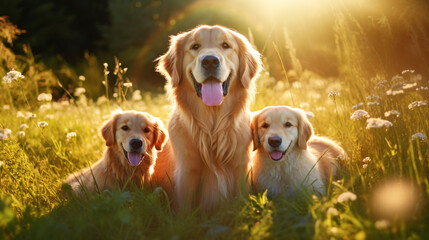 golden retriever familiy in outdoor summer feild, soft light created with Generative Ai