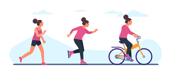 Active woman involved in sports. Young female running, rollerblading and bicycling. Athletic training. Jogging in park. Roller skating. Girl on bicycle. Outdoor workout. Vector concept