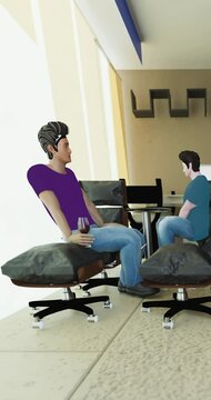Relationship between gay couple living together drinking red wine, laughing and talking living room at home render animation 3D zoom in camera Rack focus