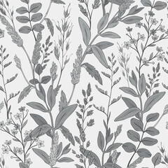 Seamless monochrome pattern with wild herbs