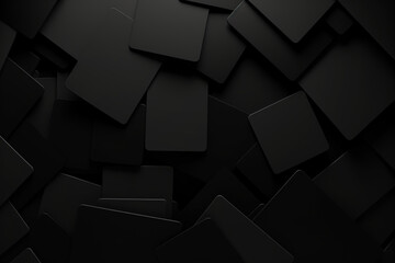 3d render, abstract black geometric background, minimal flat lay, twisted deck of square blank cards with rounded corners created with Generative Ai