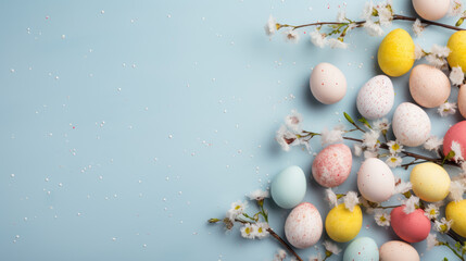 Flat lay of pastel-colored Easter eggs interspersed with blossoming branches on a light blue background