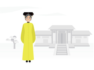 Ancient Chinese cartoon woman and ancient buildings