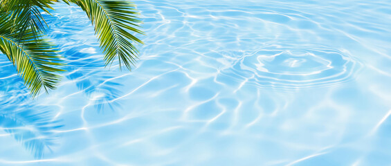 palm leaf isolated on sunny blue rippled water surface, summer beach holidays background concept...