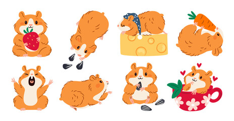 Cute hamster. Little animal. Rodent mascot. Different actions and poses. Domestic rat eats seeds or cheese. Pet holding strawberries and carrots. Adorable mammal in cup. Garish vector set