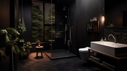 The noir-themed bathroom in Nordic Noir Sleeping Nook, featuring dark tiles, matte fixtures, and subtle lighting, offering a stylish and enigmatic space for self-care.