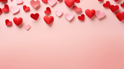 Red and pink fabric hearts scattered across a soft pink background