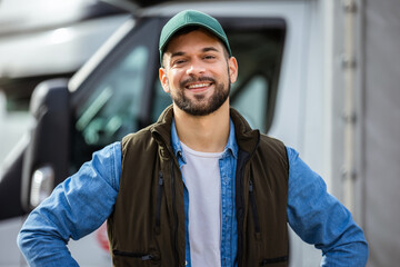 Happy confident male driver standing in front on his truck