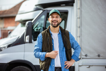 Happy confident male driver standing in front on his truck