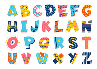 Funny kids font. Bright colorful ABC. Childish alphabet shapes. English letters with doodle patterns. Decorative playful icons for education. Children text symbols. Recent vector set