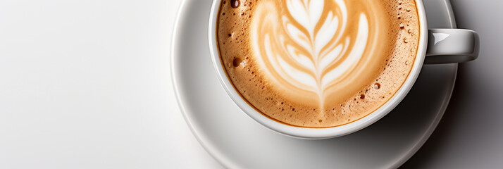 Wide panoramic top view photo of a Cappuccino coffee cup with cream design on it and a saucer in white background - Powered by Adobe