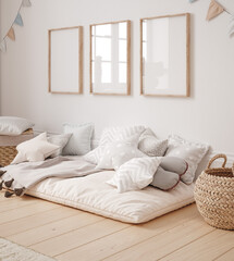 Mock up frame in children room with natural wooden furniture, 3D render - 694987376