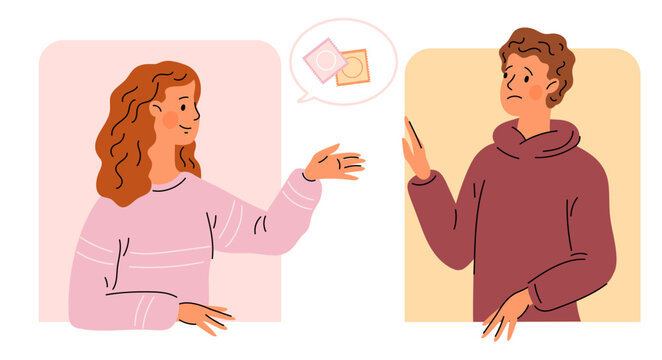 Girl reminds guy about safe sex. Sexual education. Condom protection. Couple relationship. Pregnancy prevention. Contraception reminder. Lovemaking safety. People love. Vector concept