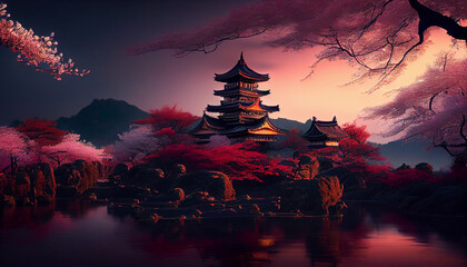 Beautiful Japanese temple cherry blossom trees. Castle at sunset, pagoda with cherry blossom, Ai generated image.
