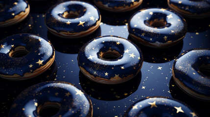 Obraz na płótnie Canvas glossy stylish donuts in dark blue color with gold stars galaxy patterns