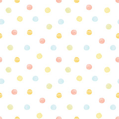 Seamless pattern with multicolored geometric shape round polka dot isolated on white background. Watercolor hand drawn illustration sketch - obrazy, fototapety, plakaty