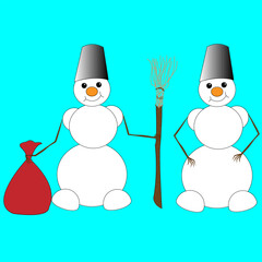 Smiling cartoon snowman. A child's character holds a bag with gifts in one hand and a broom in the other. The second snowman stands with empty wooden hands and a bucket on his head instead of a hat.